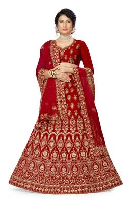 Red embroidered velvet semi stitched lehenga 1