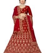 Red embroidered velvet semi stitched lehenga