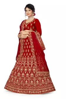 Red embroidered velvet semi stitched lehenga