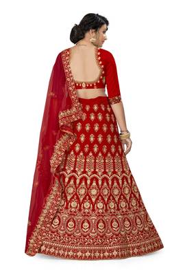Red embroidered velvet semi stitched lehenga 3