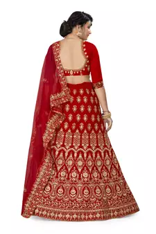 Red embroidered velvet semi stitched lehenga