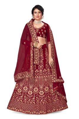 Maroon embroidered velvet semi stitched lehenga 1