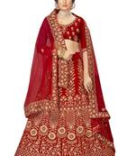 Red embroidered velvet semi stitched lehenga