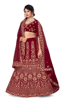 Maroon embroidered velvet semi stitched lehenga 2