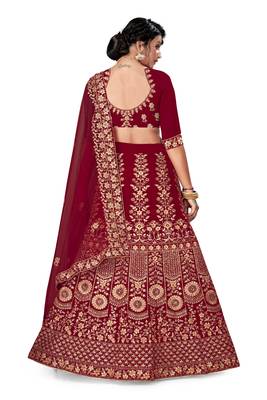 Maroon embroidered velvet semi stitched lehenga 3