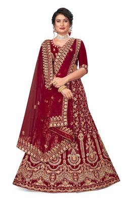 Maroon embroidered velvet semi stitched lehenga 1