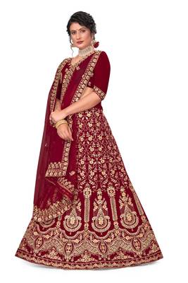 Maroon embroidered velvet semi stitched lehenga 2