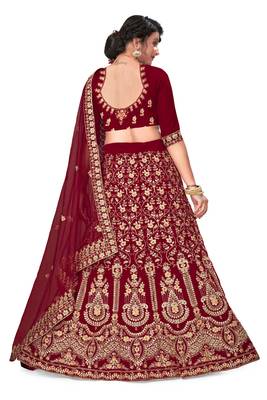 Maroon embroidered velvet semi stitched lehenga 3