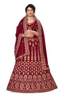 Maroon embroidered velvet semi stitched lehenga