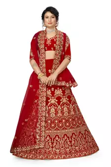 Red embroidered velvet semi stitched lehenga