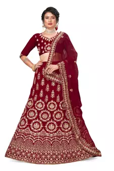 Maroon embroidered velvet semi stitched lehenga