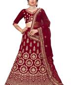 Maroon embroidered velvet semi stitched lehenga