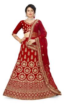 Red embroidered velvet semi stitched lehenga