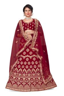 Maroon embroidered velvet semi stitched lehenga
