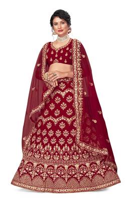 Maroon embroidered velvet semi stitched lehenga 2
