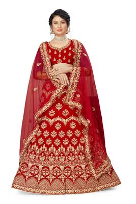 Red embroidered velvet semi stitched lehenga 1
