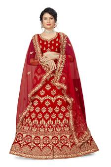 Red embroidered velvet semi stitched lehenga