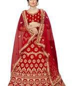 Red embroidered velvet semi stitched lehenga