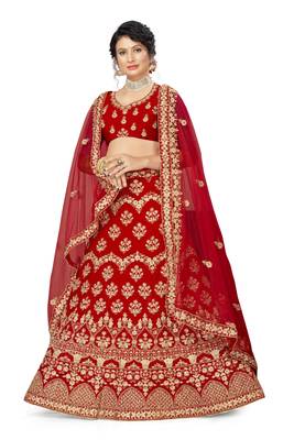 Red embroidered velvet semi stitched lehenga 2