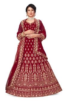 Maroon embroidered velvet semi stitched lehenga