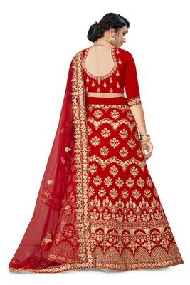 Red embroidered velvet semi stitched lehenga 3