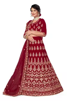 Maroon embroidered velvet semi stitched lehenga