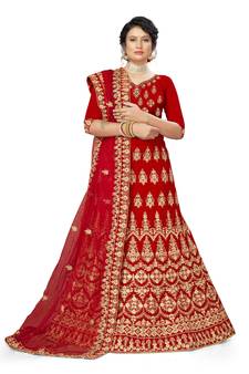 Red embroidered velvet semi stitched lehenga