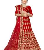 Red embroidered velvet semi stitched lehenga