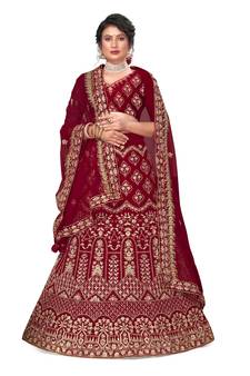 Maroon embroidered velvet semi stitched lehenga