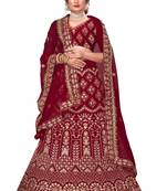 Maroon embroidered velvet semi stitched lehenga