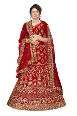 Red embroidered velvet semi stitched lehenga 1