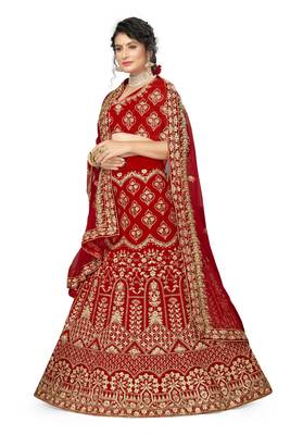 Red embroidered velvet semi stitched lehenga 2