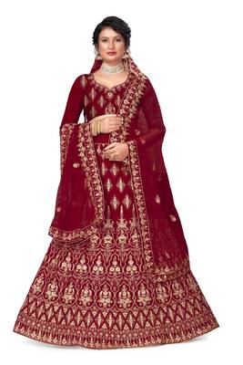 Maroon embroidered velvet semi stitched lehenga 1