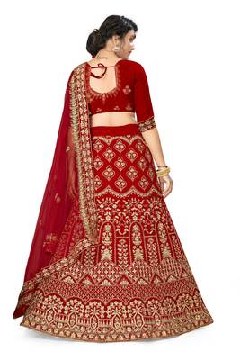 Red embroidered velvet semi stitched lehenga 3