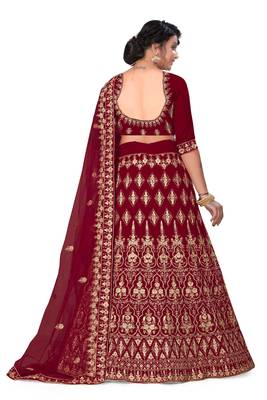 Maroon embroidered velvet semi stitched lehenga 3