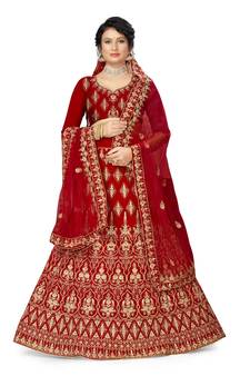 Red embroidered velvet semi stitched lehenga