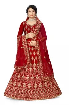Red embroidered velvet semi stitched lehenga