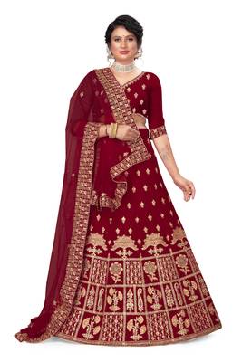 Maroon embroidered velvet semi stitched lehenga 1