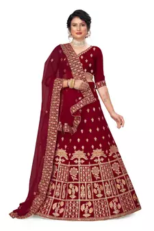 Maroon embroidered velvet semi stitched lehenga