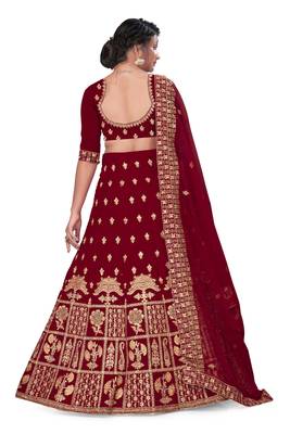 Maroon embroidered velvet semi stitched lehenga 3