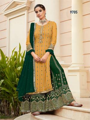 Yellow Fuax georgette Mirror Work + Embroidered Shtraight Sharara suit 1
