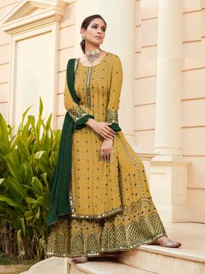 Yellow Fuax georgette Mirror Work + Embroidered Shtraight Sharara suit 1