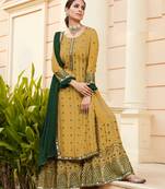 Yellow Fuax georgette Mirror Work + Embroidered Shtraight Sharara suit