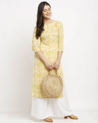 Yellow printed cotton ethnic-kurtis 3