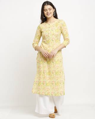 Yellow printed cotton ethnic-kurtis 4