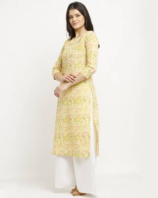 Yellow printed cotton ethnic-kurtis 5