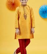 Yellow art silk embroidery kurta solid stitched for kids wear with maroon bottom