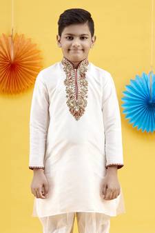 White embroidery art silk kurta for boys with patiala salwar