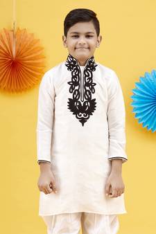 White embroidery art silk kurta for boys with patiala salwar