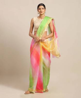   Green & Pink Kota Art Hand Dyed Saree with blouse 1